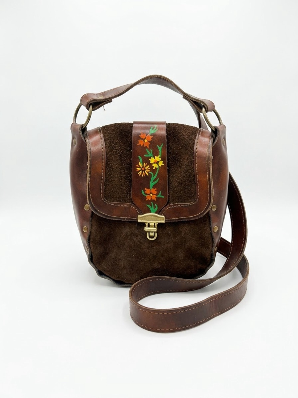 Hand tooled vintage 70s Suede & Leather Crossbody Bag with Floral Accent